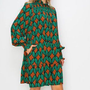 Mock Neck Long Sleeve Tiered Print Dress In Green/ Rust